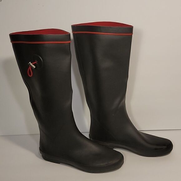 Henry Ferrera Tall Blk/Red Drawstring Rain Boots Ladies Size 8 - Picture 1 of 6